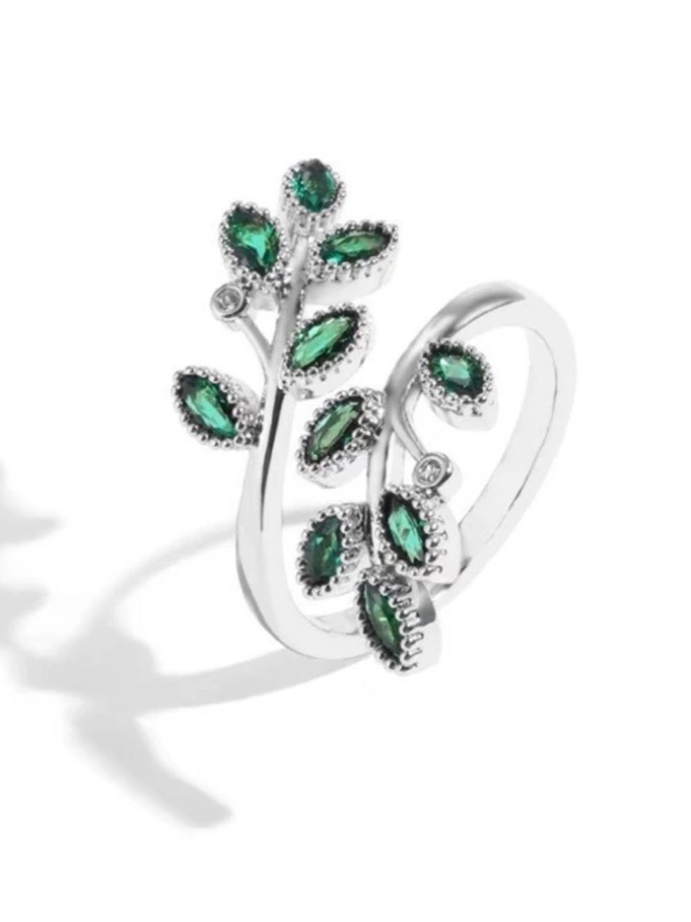 Silver Leaf Ring with Emerald Green Crystal Stones - Picture 3 of 4